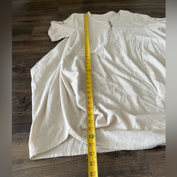 Ivory Cream Linen Pocket Short Sleeve Roll Up Button Dress Casual Comfy One Size - Picture 9 of 10
